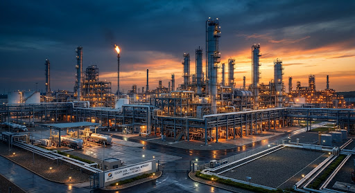 Raffinerie pétrolière au coucher du soleil